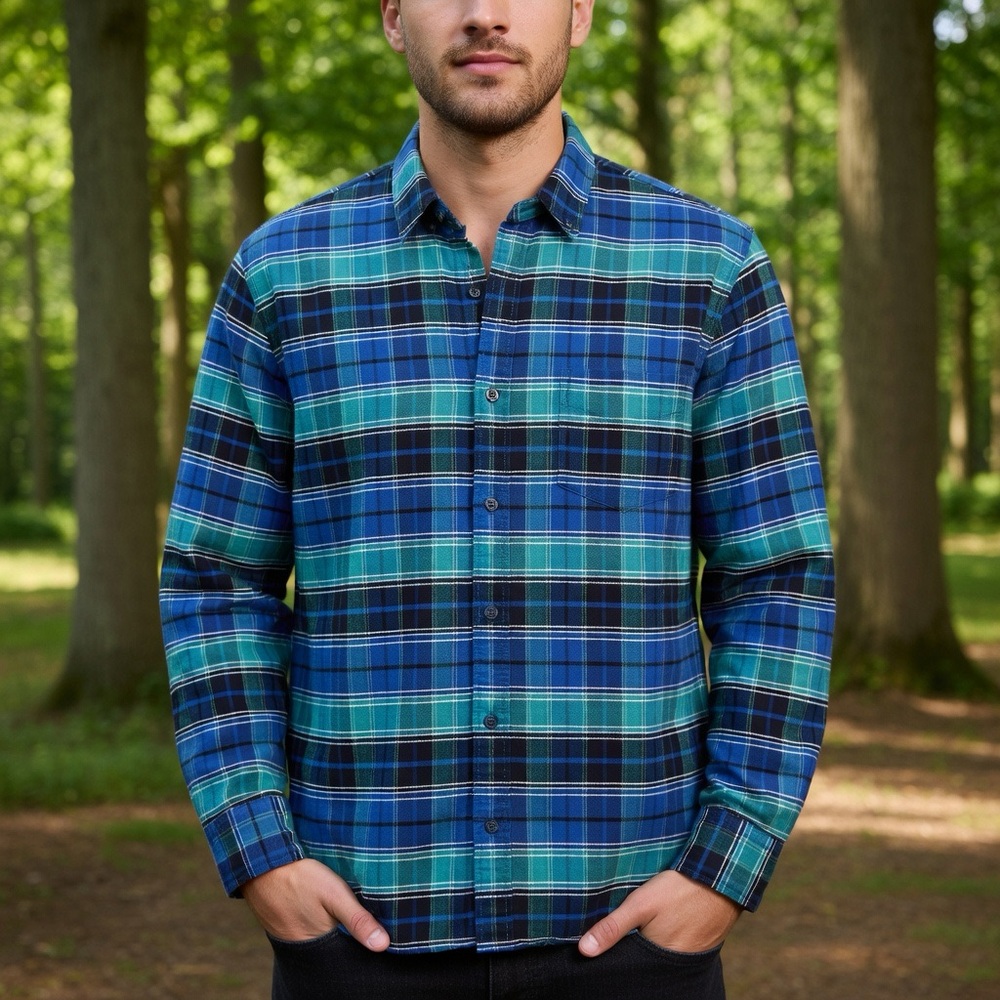 Fossil Blue Green Black Plaid Casual Button-Down Shirt 100% Cotton Long Sleeves